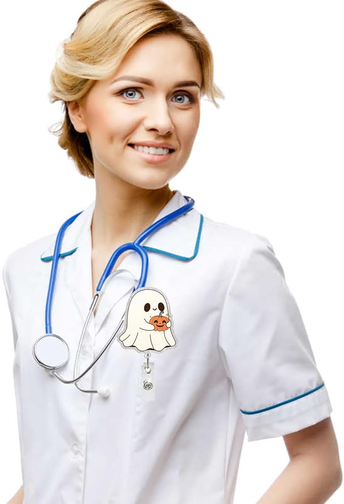Cute Ghost Badge Reel Acrylic Retractable Halloween Badge Clip with 360° Rotating ID Card Holder Ghost Holding Pumpkin Badge Reel Designs Halloween Spooky ID Badge Holder for Nurses, Doctors