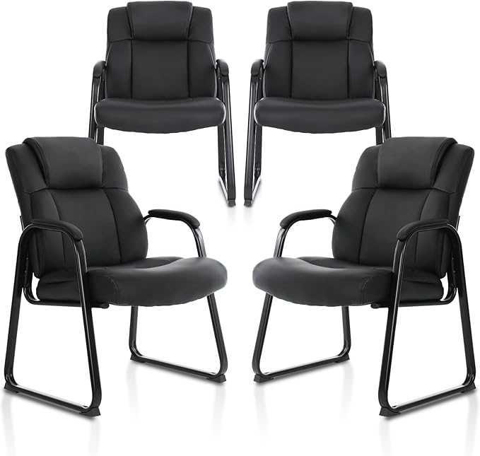 CLATINA Big & Tall 500 lb. Guest Chair, Leather Reception Chairs with Sled Base and Padded Arm Rest for Waiting Room Office Home and Meeting Conference-Black (4 Pack)