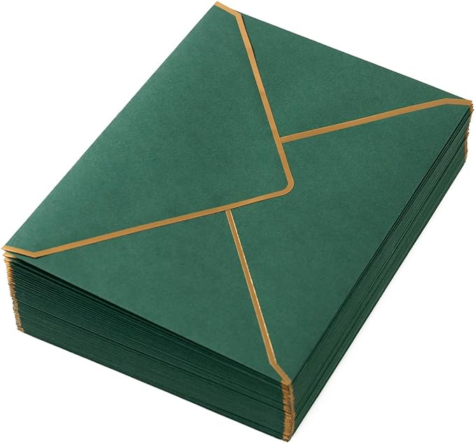 50 Pack A7 Envelopes Dark Green 5 x 7 Self-Adhesive V Flap Envelopes with Gold Border for Office, Greeting Card, Wedding, Graduation, Baby Shower, Parties, Invitations (Dark Green, 5x7)