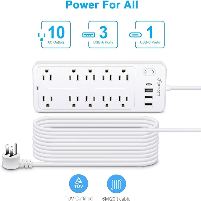 25 FT Power Strip with Surge Protection 1625W/13A, 14 Outlets and 4 USB Ports (1 USB-C), 16AWG, 1700J Flat Plug, White, ETL Listed