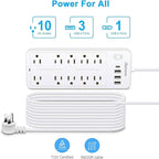 25 FT Power Strip with Surge Protection 1625W/13A, 14 Outlets and 4 USB Ports (1 USB-C), 16AWG, 1700J Flat Plug, White, ETL Listed
