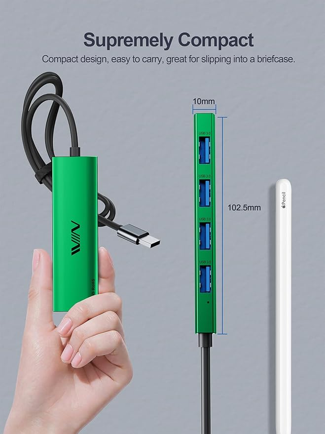 USB 3.0 Hub,4 Port USB Splitter Extender Portable Adapter Multiport Data Hub for Laptop,Xbox, Flash Drive,HDD,Console,Camera,Keyborad,Mouse Windows,Mac OS PC,Not Designed to Charge Devices-Green