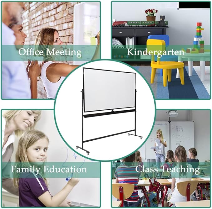 72" x 40" Height-Adjustable Mobile Whiteboard | Double-Sided Magnetic Dry Erase Board on 360° Rolling Stand | Large Reversible Black Whiteboard for Office, Classroom & Home