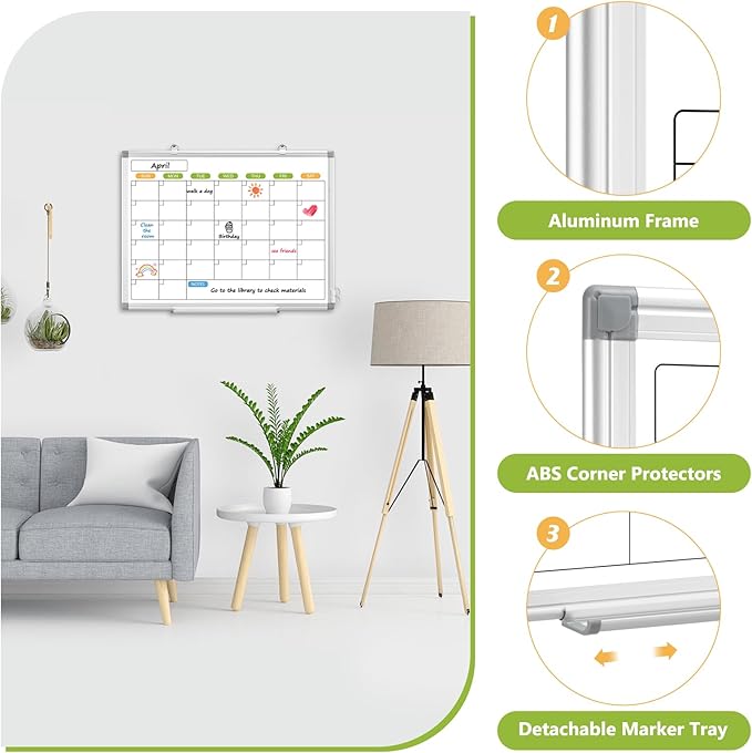 Monthly Calendar Dry Erase Whiteboard for Wall, 36" x 24" Magnetic Dry Erase Board, Hanging Double-Sided White Board, Portable Board for School, Planning, Memo, Home, Office, 2025 Calendar