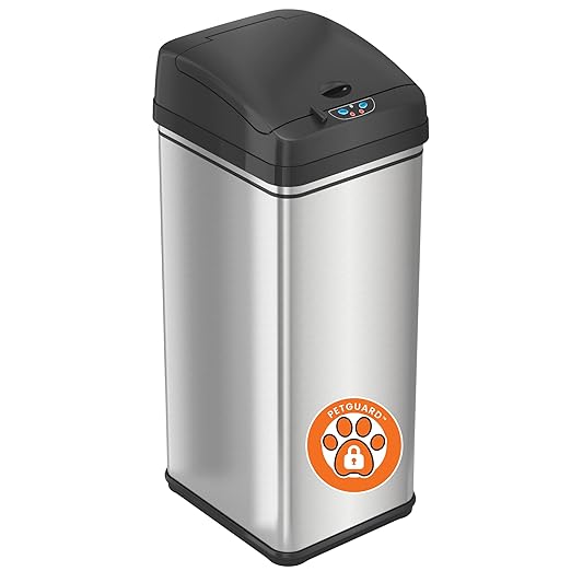 iTouchless 13 Gallon Dog Proof Trash Can with Odor Filter, Motion Sensor Stainless Steel Kitchen Trashcan Garbage Bin for Home Office Work Bedroom Living Room Garage Large Capacity Slim Wastebasket