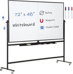 Large Magnetic Mobile Whiteboard 72"x48", Rolling Double Sided Stand Whiteboard on Wheels, Reversible Adjustable Height/Angle Dry Erase Board 6' x 4' Easel White Board for Office Classroom, Black