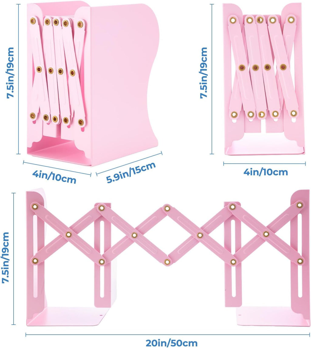 M&G Adjustable Bookends Book Ends for Shelves, Metal Bookend for Heavy Books, Desk Magazine File Organizer Holder Extends up to 20in, Book Stopper for Home, Office, Classroom (Pink)