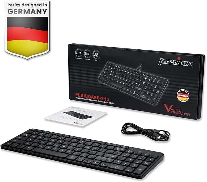 Perixx PERIBOARD-215B US, Wired Keyboard - Ultra Slim Scissor Keys - 2 Built-in USB-A & USB-C Ports - Detachable Cable - Black - US English