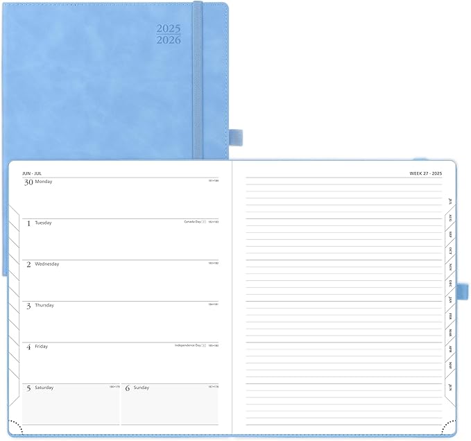 POPRUN Planner 2025-2026 Weekly Notebook (Large 8.5''x 10.5'') Academic Calendar (JUL.25 - JUN.26) Appointment Book with Monthly Tabs, Leather Soft Cover, Inner Pocket, 100 GSM - Cerulean Blue