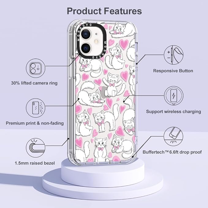 MOSNOVO Case for iPhone 12 Mini, [Buffertech 6.6ft Military-Grade Drop Protection] [Anti Peel Off Tech] Clear TPU Bumper Phone Case Cover Design - Kitties