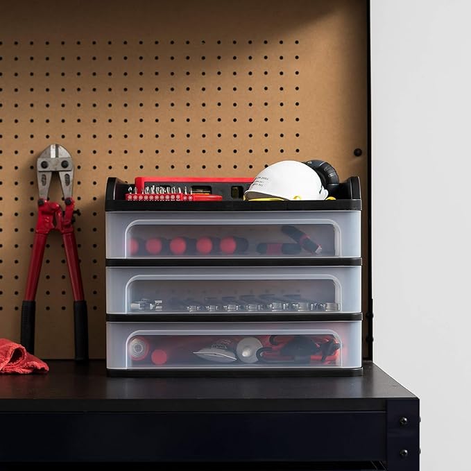 IRIS USA Plastic Desk Top 3-Drawer Storage Organizer with Paper Tray Top, 1-Pack, for Makeup Vanity Nail Polish Bathroom Stationery Art Craft Supplies Kitchen Office Garage Organization, Medium, Black