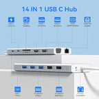 USB C Docking Station Dual Monitor for Dell/HP/Lenovo/Surface Laptop, 14 in 1 Triple Display Hub Multiple Adapter, Dongle with 2 HDMI 4K+VGA+5 Port+100W PD Charger+Ethernet+SD/TF+Audio(Sliver)