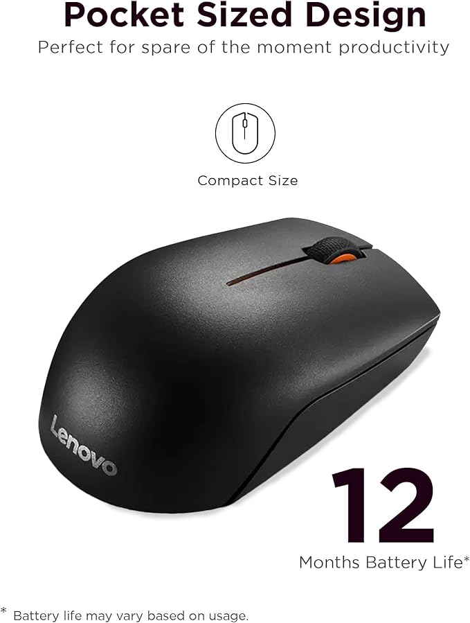 Lenovo 300 Wireless Mouse – Computer Mouse for PC, Laptop with Windows – Ambidextrous Design – 2.4 GHz Nano USB Receiver – 12 Month Battery Life