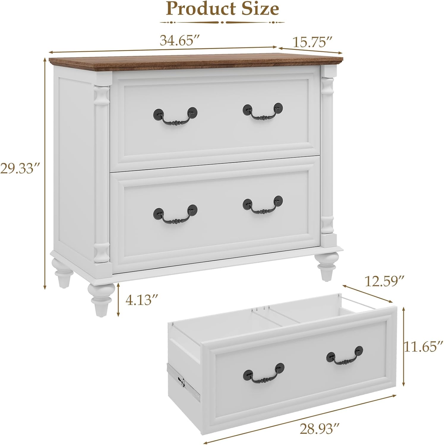 Lateral File Cabinet 2 Drawers Farmhouse File Cabinet for Letter/A4/Legal Size Hanging Files, Large Rustic White File Storage Cabinets Printer Stand with 4 Solid Wood Feet &Column Decor for Office