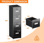 4 Drawer Metal Vertical File Cabinet with 4 Independent Locks, Home Office File Cabinet with Card Holder for Letter/Legal/A4 Folders, Black Filing Cabinet, Assembly Required, 4 Drawers