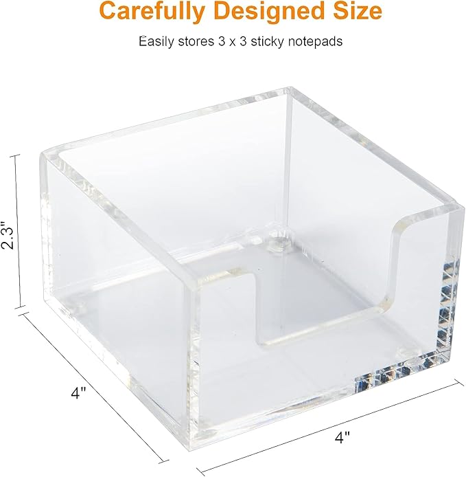 Acrylic Sticky Note Holder 3.9" x 3.9"x 2.4" for Desk Organization Office Home School Post Bank Memo Dispenser (DP012)
