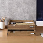 KIRIGEN Wooden Stackable Office Letter Organizer Desk Tray Pack of 2 - Wood Two Tier Tray for Desktop Organizeration with Metal Label Card Holder - Inbox Tray for Desk,Dark Brown 2TTP-DBR