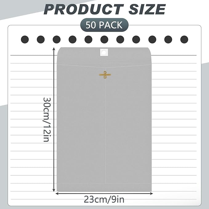 Geyee 50 Pcs 9 x 12 Inch Gray Manilla Clasp Envelopes Letter Size Mailing Envelopes with Clasp Closure for Filing Storing Documents Office Home Business School