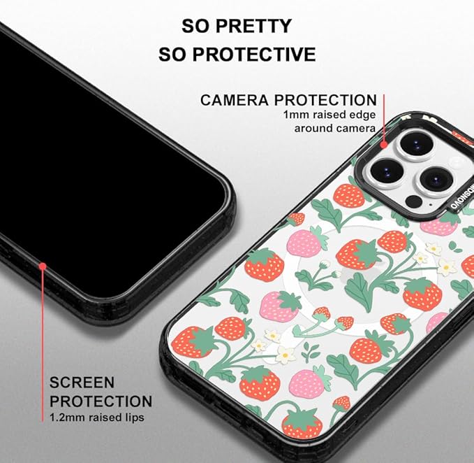 MOSNOVO Magnetic Case for iPhone 14 Pro Max, 10ft Military-Grade Protection, Compatible with Magsafe, Shockproof Phone Case for iPhone 14 Pro Max - Strawberry Garden - Clear Black