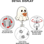 Cute Ghost Badge Reel Acrylic Retractable Halloween Badge Clip with 360° Rotating ID Card Holder Ghost Holding Pumpkin Badge Reel Designs Halloween Spooky ID Badge Holder for Nurses, Doctors