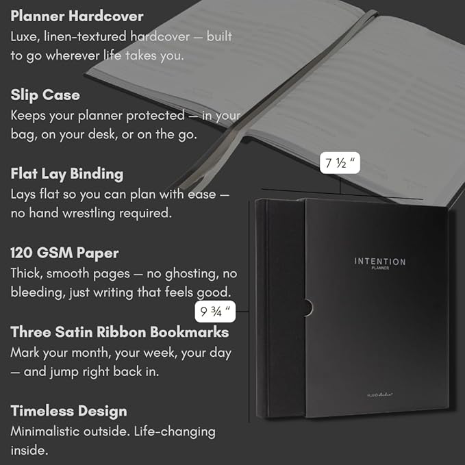 Pland Studio 90-Day Planner – Undated Daily Goal Journal for Men & Women | Charcoal Onyx Hardcover with Habit Tracker, Vision Board, Gratitude Prompts & Flat Lay Binding | Productivity & Mindfulness Notebook