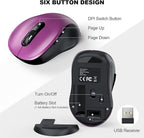 WisFox 2.4G Wireless Mouse for Laptop, Ergonomic Computer Mouse with USB Receiver and Type-C Adapter, 3 Adjustable Levels, 6 Button Cordless Wireless Mice for Windows Mac PC Notebook (Purple)