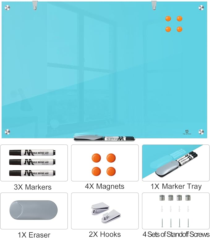 TSJ OFFICE Glass Dry-Erase Board - 36 x 24 Inches Wall Mounted Magnetic Whiteboard, Large Frameless Glass White Board for Office, Home & School, Blue