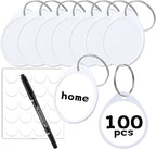 1.57 Inch Plastic Key Tags Round White Item Identifiers with Blank Paper Label Stickers and Pen, Metal Split Ring Tags Ideal for Home,Office and Rental Management Use,100 Pack