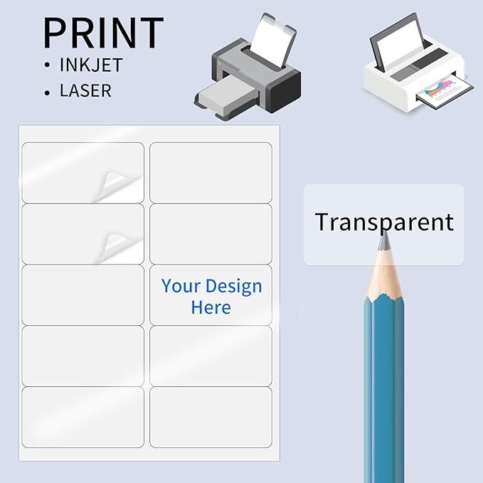 STARLIBOO Transparent Stickers Labels - 2" x 4" Address Labels Mailing Stickers for Laser/Inkjet Printer 8.5"×11"- 20 Sheet