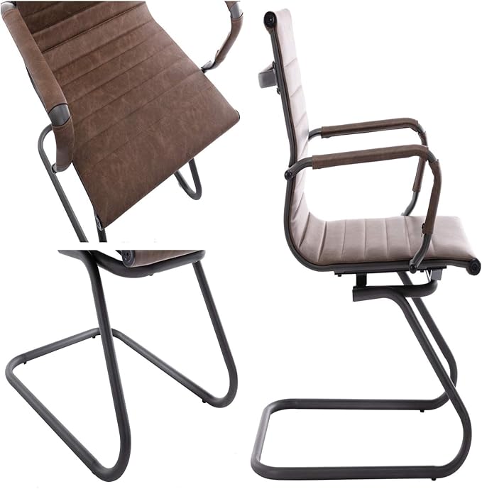 Office Desk Chair No Wheels Set of 8 PU Leather Computer Chairs Mid Back Guest Chairs for School Reception Conference Waiting Room, Vintage Brown