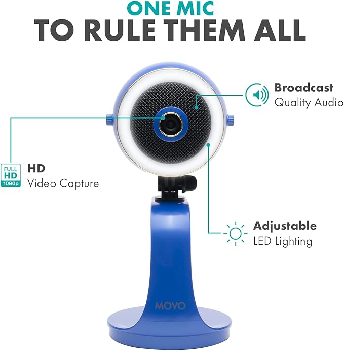 Movo WebMic HD Pro All-in-One Webcam with Mic and Ring Light in Royal Blue- 1080p HD Camera, Pro Cardioid Condenser Microphone, LED Ring Light - HD Webcam for Streaming, Video Calls, Recording, Gaming