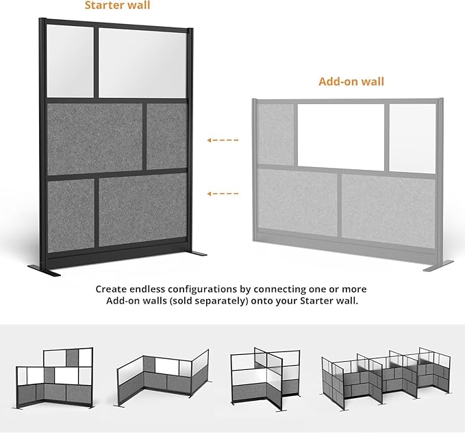 Stand Up Desk Store Expanse Modular Wall | 53'' x 70'' Wall | Expandable Partition Room Divider with Rearrangeable Frosted Acrylic & Sound Absorbent Panels (Black Frame)