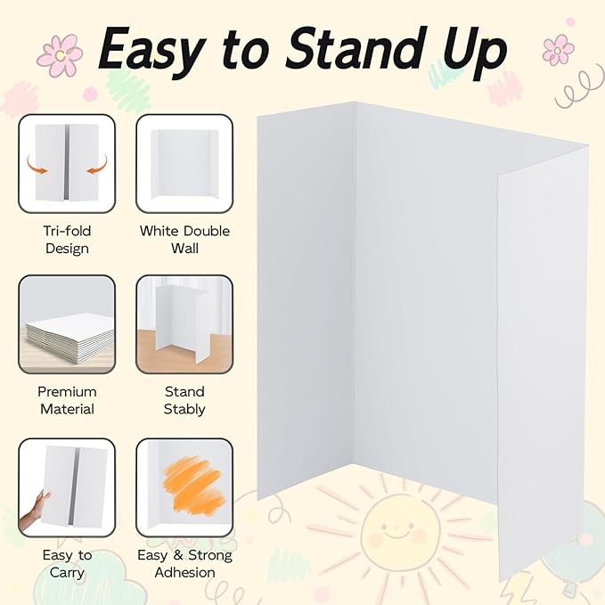 4 Pack Trifold Poster Board, 16x40 Inches White Presentation Board, Portable Display Board for Science Fair, School DIY Project and Business Exhibitions