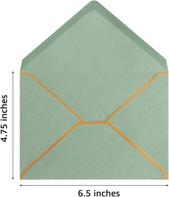 50 Pack A6 Envelopes Sage Green 4x6 Self-Adhesive V Flap Envelopes with Gold Border for Office, Greeting Card, Wedding, Graduation, Baby Shower, Parties, Invitations (Sage Green, 4x6)