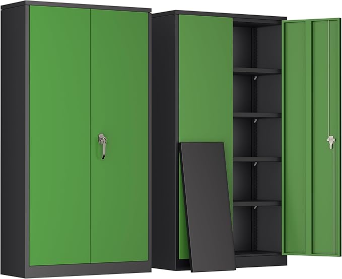 Greenvelly Metal Garage Storage Cabinet, 72" Tall Steel Storage Cabinets with Doors and Adjustable Shelves, Metal Tool Cabinets, Locking File Cabinet for Home Office, Garage, School (Black&Green)