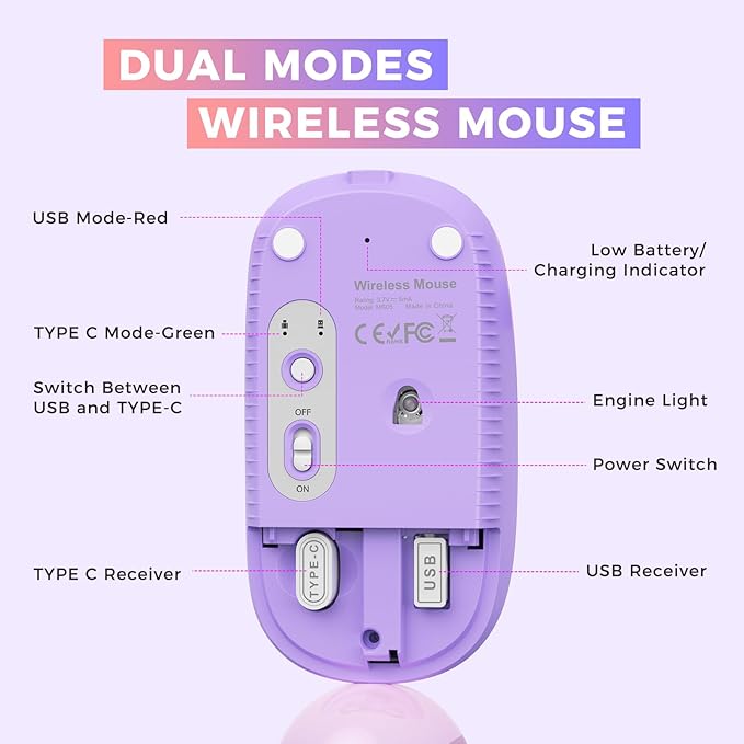 VssoPlor Type C Wireless Mouse, USB C MacBook Wireless Mouse Dual Mode 2.4G Cordless Mice with Nano USB and Type C Receiver Compatible with PC, Laptop, MacBook, ipad-Gradient Purple