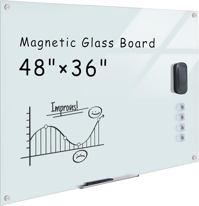 Magnetic Glass Whiteboard，48"x36" Wall Mounted Frameless Dry Erase Board for Office, Home & School White