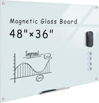 Magnetic Glass Whiteboard，48"x36" Wall Mounted Frameless Dry Erase Board for Office, Home & School White