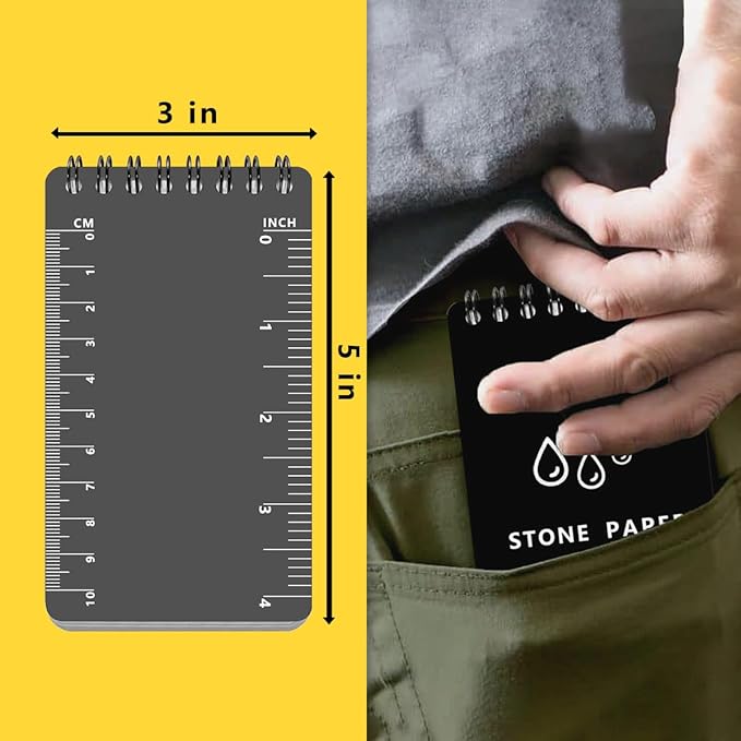 4 Pack Weatherproof Spiral Notepads A7 Waterproof Stone Paper Pocket Notebooks, Grid Pattern, Hard Cover with IN & CM Scales, Small All Weather Steno Pads for Travel, Field (3" x 5", Grey)