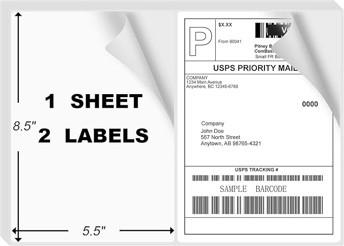 8.5" x 5.5" Half Page Self Adhesive Shipping Label, Compatible Laser & Inkjet Printers, White, 2 Labels Per Sheet(4000 Sheet Total 8000 Labels)