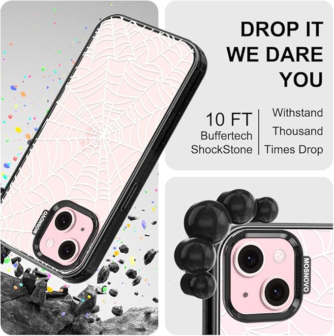 MOSNOVO Case for iPhone 15, [10ft 4X Military-Grade Drop Protection] Durable & Shockproof Phone Case Cover Design for iPhone 15 - Spider Web - Clear Black
