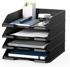 4 Pack Stackable Paper Trays for Letter Documents, Desktop File Organizers for Office Supplies, Stackable Desk Tray Holder for Paper Storage, Black
