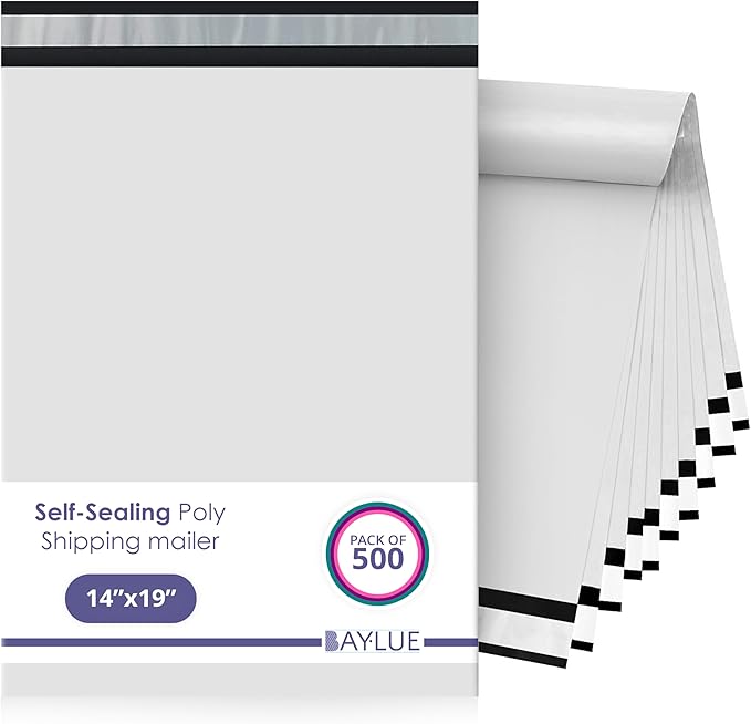 White Large Poly Mailers 14.5x19 Inch | Strong Adhesive Self-Seal Mailer Bag | Tear, Tamper, Water Resistant Shipping Envelopes | Thick Strong polymailer Bags | Clothing Shipping Bags | 500 Pcs Bulk