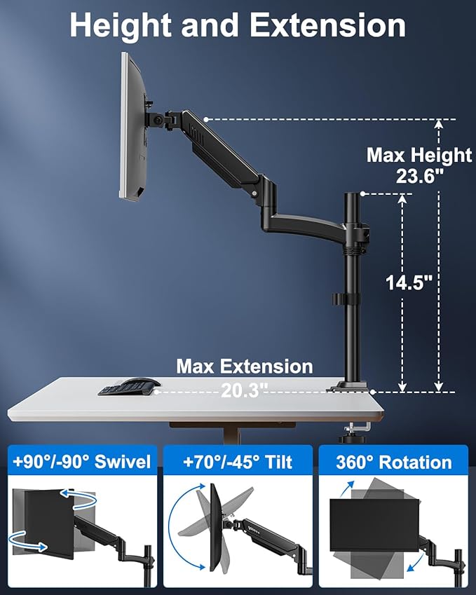 Single Monitor Mount Holds Max 22lbs, 13-32 inch Monitor Desk Mount, Height Adjustable Tall Monitors Arm, Monitors Stand with Tilt Swivel Rotation, VESA 75 100mm, Black, Freelift