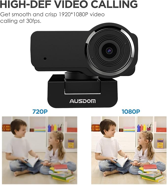AUSDOM AW635 HD 1080p Webcam with Microphone, Plug & Play USB Streaming Webcam 60° Wide Angle with Low Light Correction for PC Mac Computer Laptop Online Class Zoom Webex Skype Google Meet Teams
