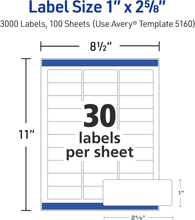Avery Easy Peel Printable Address Labels with Sure Feed, 1" x 2-5/8" Customizable Stickers, White, 3,000 Blank Mailing Labels, Great for Mailing, Shipping, and More (5160)