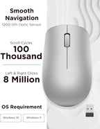 Lenovo 530 Full Size Wireless Computer Mouse for PC, Laptop, Computer with Windows - 2.4 GHz Nano USB Receiver - Ambidextrous Design - 12 Months Battery Life - Platinum Grey