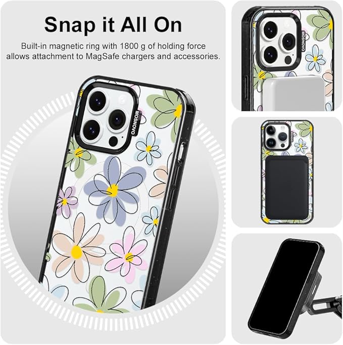 MOSNOVO Magnetic Case for iPhone 14 Pro Max, 10ft Military-Grade Protection, Compatible with Magsafe, Shockproof Phone Case for iPhone 14 Pro Max - Linear Blooms - Clear Black