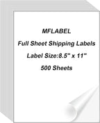 MFLABEL Full Sheet Shipping Labels 8.5x11 Inch - Matte White Permanent Adhesive Paper for Laser & Inkjet Printers (500 Sheets) - No Cut Needed Address Labels + Free 48 Fragile Stickers