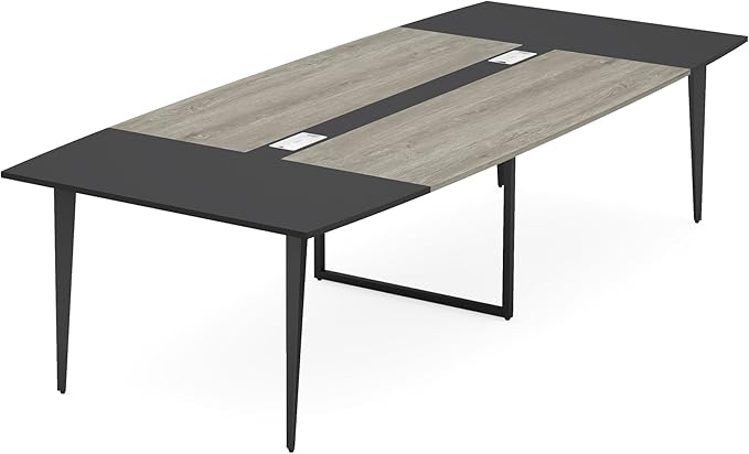 Tribesigns 8FT Conference Table, 94.48L x 47.21W x 29.52H Inches Boat Shaped Meeting Table with Rectangle Grommet, Modern Seminar Boardroom Table for Office Conference Room (Grey & Black, 8ft)